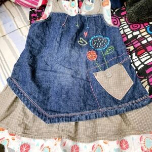 Denim Floral Appliqué Girl's Dress with Plaid Pocket
